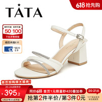 他她（TATA）法式优雅凉鞋女通勤一字带高跟凉鞋2024夏季新款6LK08BL4 米白/银 35