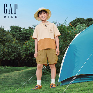 Gap男童2024夏季洋气撞色运动polo衫儿童装翻领短袖T恤466215 卡其棕撞色 160cm(14-15岁)亚洲尺码