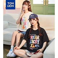 唐狮（TonLion）2024女圆领前胸涂鸦文字短袖T恤