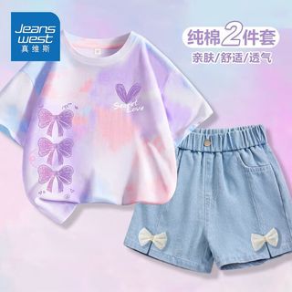 真维斯童装女童洋气套装2024女孩夏装扎染短袖儿童牛仔短裤潮 扎染运动上衣kop13 130