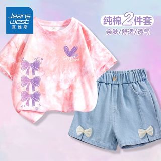 真维斯童装女童洋气套装2024女孩夏装扎染短袖儿童牛仔短裤潮 扎染运动上衣kop13 130