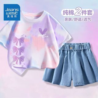 真维斯童装女童洋气套装2024女孩夏装扎染短袖儿童牛仔短裤潮 扎染运动上衣kop13 130