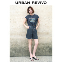 URBAN REVIVO 女装时髦复古水洗棉质休闲牛仔短裤UWG840176