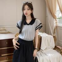 YAYANGREN 雅羊人 法式波浪边撞色短袖针织衫女春夏季复古设计感翻领薄款短款上衣