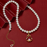 潮宏基 珍珠项链女足银葫芦感恩福禄送女友妈妈链长约42cm 含檀木按摩梳一把