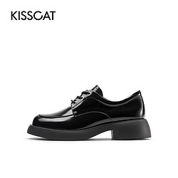 KISSCAT 接吻猫 小皮鞋女新款jk学院风乐福鞋牛皮休闲粗跟超轻厚底深口单鞋