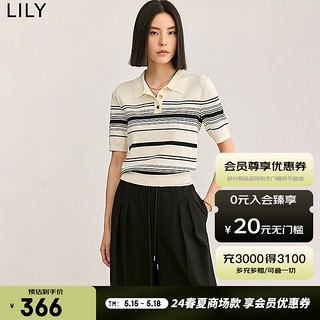 LILY2024夏女装复古条纹休闲通勤款都市气质修身款POLO针织衫 604米白 L