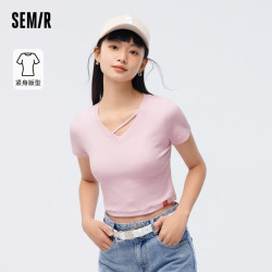 semir森马短袖t恤女短款正肩2024夏季新款设计感v领紧身白色针织上衣