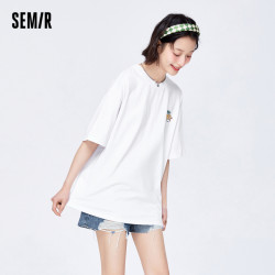 semir森马短袖t恤女2024夏新款女装中长款宽松背后印花半袖黑色上衣潮