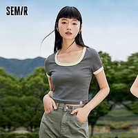 Semir 森马 短袖T恤女2023年夏季新款短款正肩小性感内搭撞色条纹肌