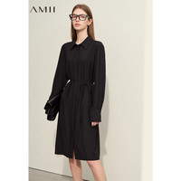 AMII2024春新款通勤直筒中长绑带流苏暗门襟仿醋酸雪纺连衣裙女款
