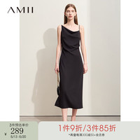 AMII2024夏优雅垂褶领不对称吊带裙连衣裙女垂感雪纺小黑裙子12442010