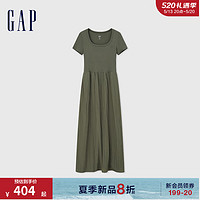 Gap女装2024夏季拼接褶皱方领短袖连衣裙简约纯色长裙406427 深绿色 175/92A(XL)亚洲尺码