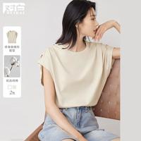 2024夏装简约纯色捏褶小飞袖舒适纯棉圆领上衣女式无袖T恤