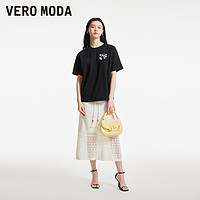 VERO MODA T恤女2024春夏新款纯棉H版型圆领花朵刺绣中袖上衣休闲