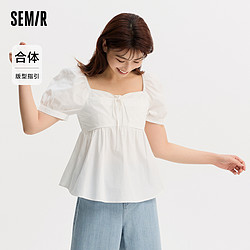 Semir 森马 短袖衬衫女短款方领泡泡袖蝴蝶结温柔甜美夏季俏皮衬衣小个子