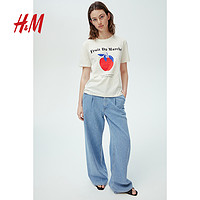 H&M HM女装T恤2024夏季常规款圆领罗纹边柔软棉质合身短袖上衣0979329