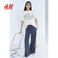 H&M HM女装T恤夏季图案印花白色圆领休闲宽松棉质短袖T恤衫 0762558