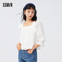 Semir 森马 中袖衬衫女短款方领泡泡袖荷叶边秋季法式肌理上衣宽松少女感