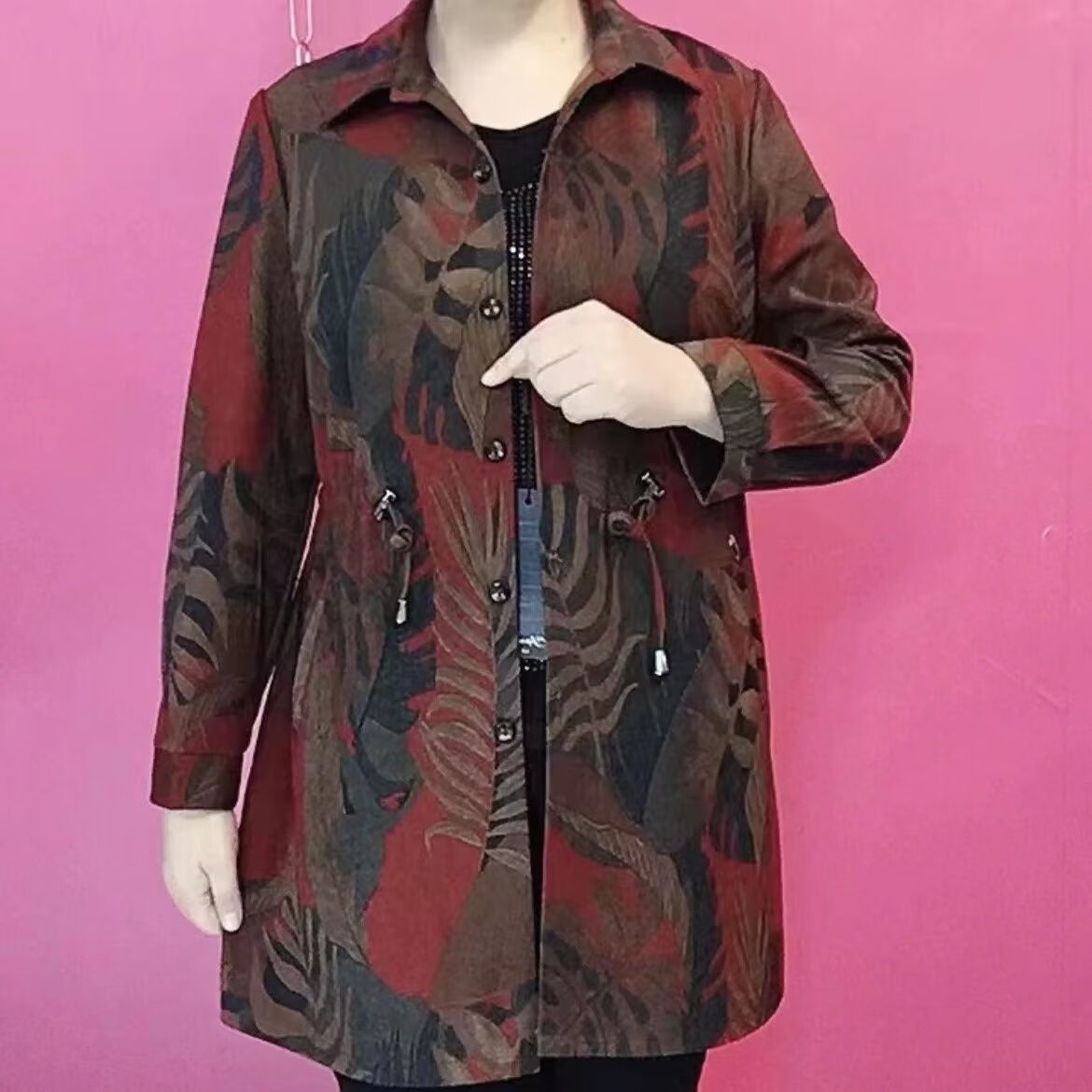 NLMC外套春秋季50-60岁高档气质女士方领薄款中老年 红色 2XL 【120-135斤】