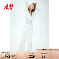 H&M女装休闲裤2024夏季奶油色锦纶宽松自然腰阔腿长裤1214225 奶油色 M 165/80