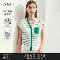 AMII2024夏新款通勤V领撞色拼接盖袖口袋条纹毛织开衫女修身12452106