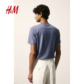 H&M男装T恤2024夏季修身舒适罗纹直筒重磅圆领短袖上衣1229215 奶油色 175/100 M