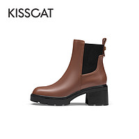 KISSCAT 接吻猫 2023冬季新款经典真皮加绒短靴厚底弹力切西尔靴女