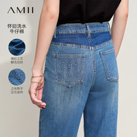 AMII2024夏极简休闲港风牛仔蓝直筒趣味数字装饰棉质牛仔长裤女款 牛仔蓝 1