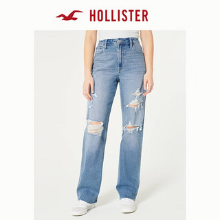 HOLLISTER24春夏复古高腰宽松破洞老爹牛仔裤 女 356707-1 破洞款，中度水洗 0 (160/64A)