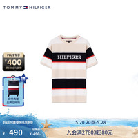 TOMMY HILFIGER24春夏童装男珠地肌理刺绣撞色条纹短袖T恤TH2422671 米白黑条纹214 S/140cm