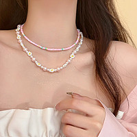 MOEFI 茉妃 清新夏日新款锁骨链粉色珍珠花朵项链甜美可爱少女项饰2件套 粉色珍珠花朵项链(2件套)