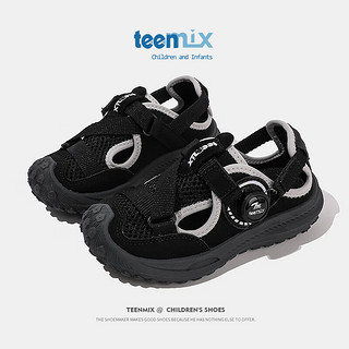 天美意（TEENMIX）天美意女童运动鞋2024夏季小孩网面透气童鞋子儿童纽扣沙滩鞋 黑色 单层  28码