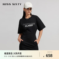 MISS SIXTY2024夏季连衣裙女圆领落肩印花字母镂空露腰休闲风 黑色 S
