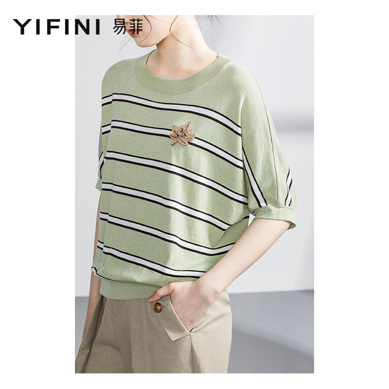 易菲（YIFINI）宽松套头条纹毛衫女短款中袖薄款针织衫春夏新款A03M3912