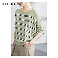 易菲（YIFINI）宽松套头条纹毛衫女短款中袖薄款针织衫春夏A03M3912 绿底白条 0M