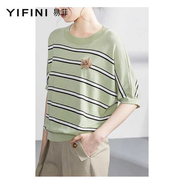 易菲（YIFINI）宽松套头条纹毛衫女短款中袖薄款针织衫春夏新款A03M3912