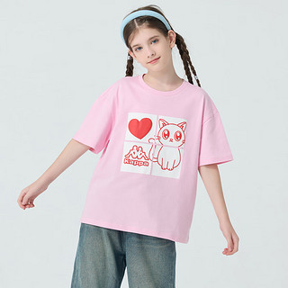 Kappa Kids卡帕纯棉短袖女童T恤2024夏季透气吸汗上衣卡通儿童夏装 粉色 薄款  170