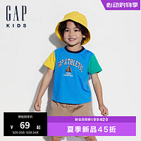 Gap男幼童2024夏季纯棉小熊印花logo撞色短袖T恤上衣465360 蓝色 110cm(4-5岁) 亚洲尺码