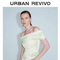 URBAN REVIVO 女士薄荷曼波印花修身一字肩短袖T恤 UWG440093 白绿印花 L