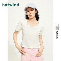 百亿补贴：hotwind 热风 夏季女士方领显瘦法式复古短袖T恤女纯色修身短袖