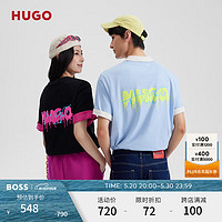 HUGO【100%棉 男女同款】 24夏季双图案宽松棉质短袖T恤 455-蓝色 M