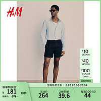 H&M男装衬衫2024夏季休闲时尚透气亚麻翻折领长袖上衣1127523 浅蓝色 180/116