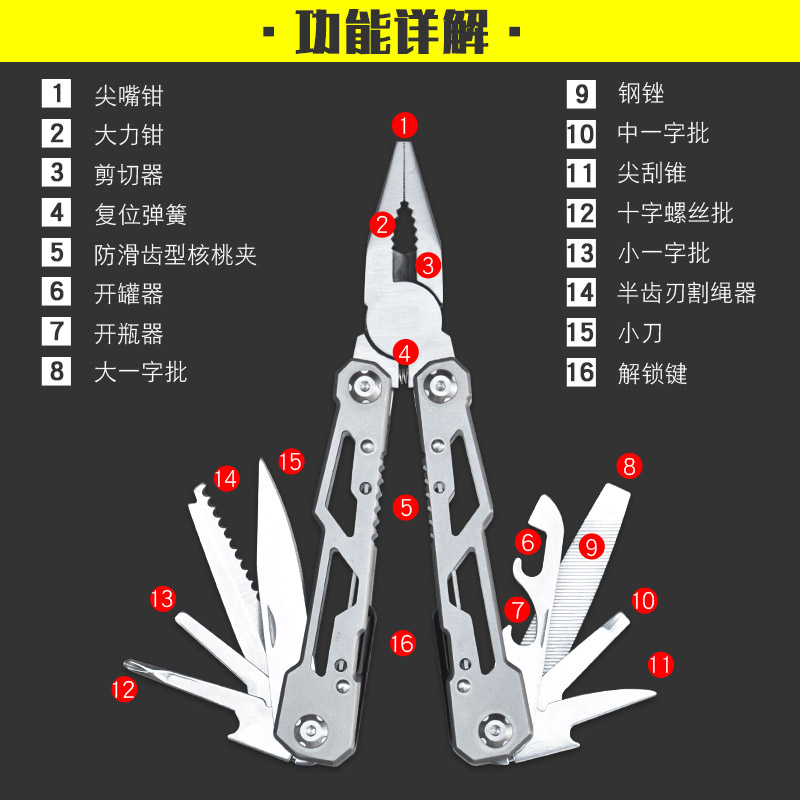 全钢镂空多功能钳子折叠小刀便携露营应急组合工具迷你多用途装备