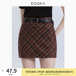 EGGKA 格纹半身包臀短裙2024春秋时髦流行复古小众高腰a字裙 枣红 S