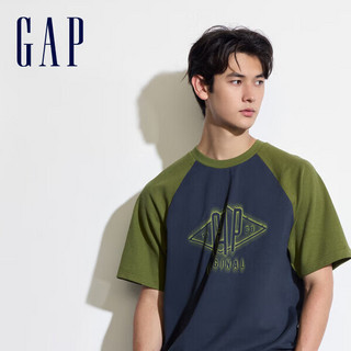 Gap 盖璞 男士撞色插肩袖logo圆领短袖T恤 463174 黑灰色 XL