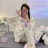 婧麒(JOYNCLEON)月子服春秋产后睡衣女秋冬怀孕期产妇家居服套装 紫色爱心 XXL码