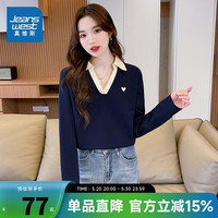 真维斯春秋款时尚撞色翻领V领减龄学院风上衣长袖t恤女JY 藏青8590