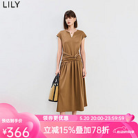 LILY2024夏季V领收腰修饰身型遮肉小飞袖宽肩显瘦纯色连衣裙 701棕色 XL