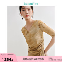 茵曼（INMAN）【商场同款】新中式印花T恤2024夏季女装新款腰侧捏褶V领上衣 黄花色